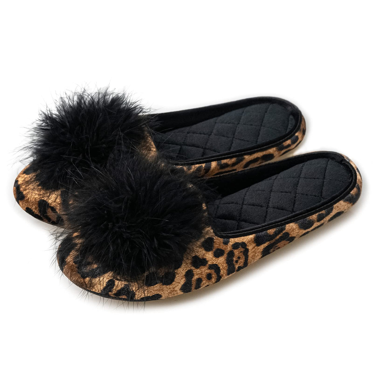 GRITHEIM Women's Fuzzy Pom Pom Velvet Memory Foam House Slippers Ladies Cozy Chenille Knit Bedroom Slippers Non-slip Sole Indoor Outdoor