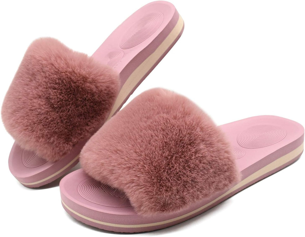 COFACE Womens Slippers with Arch Support Comfy Open Toe Fuzzy Woman House Shoes Plantar Fasciitis Orthotic Ladies Slippers Indoor