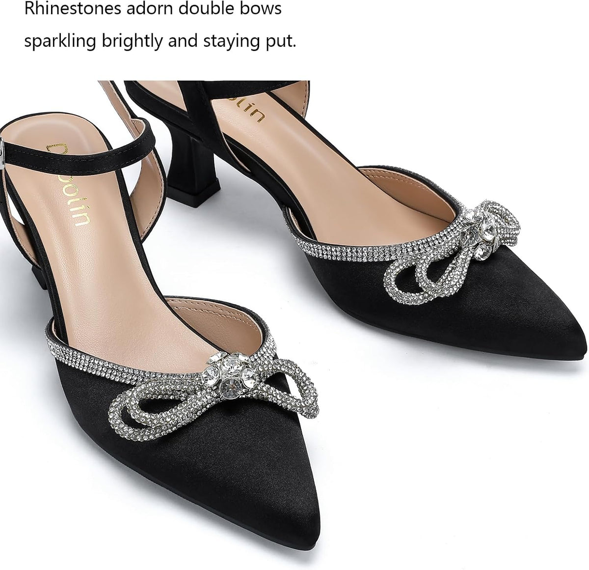 DOBOLIN Wide Width Kitten Heels for Women Rhinestone Bow Pointed Toe Pumps