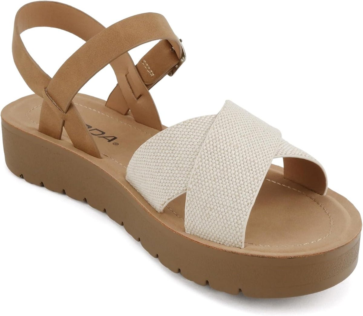Soda CHESTER ~ Women Flat Sandals Flatform Ankle Buckle Criss Cross Band Straps Sandals Shoes (Gold Raffia, 5.5)