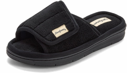 Dearfoams Mickey Adjustable Terry Slide, Memory Foam Washable Open Toe Indoor Summer House Slippers