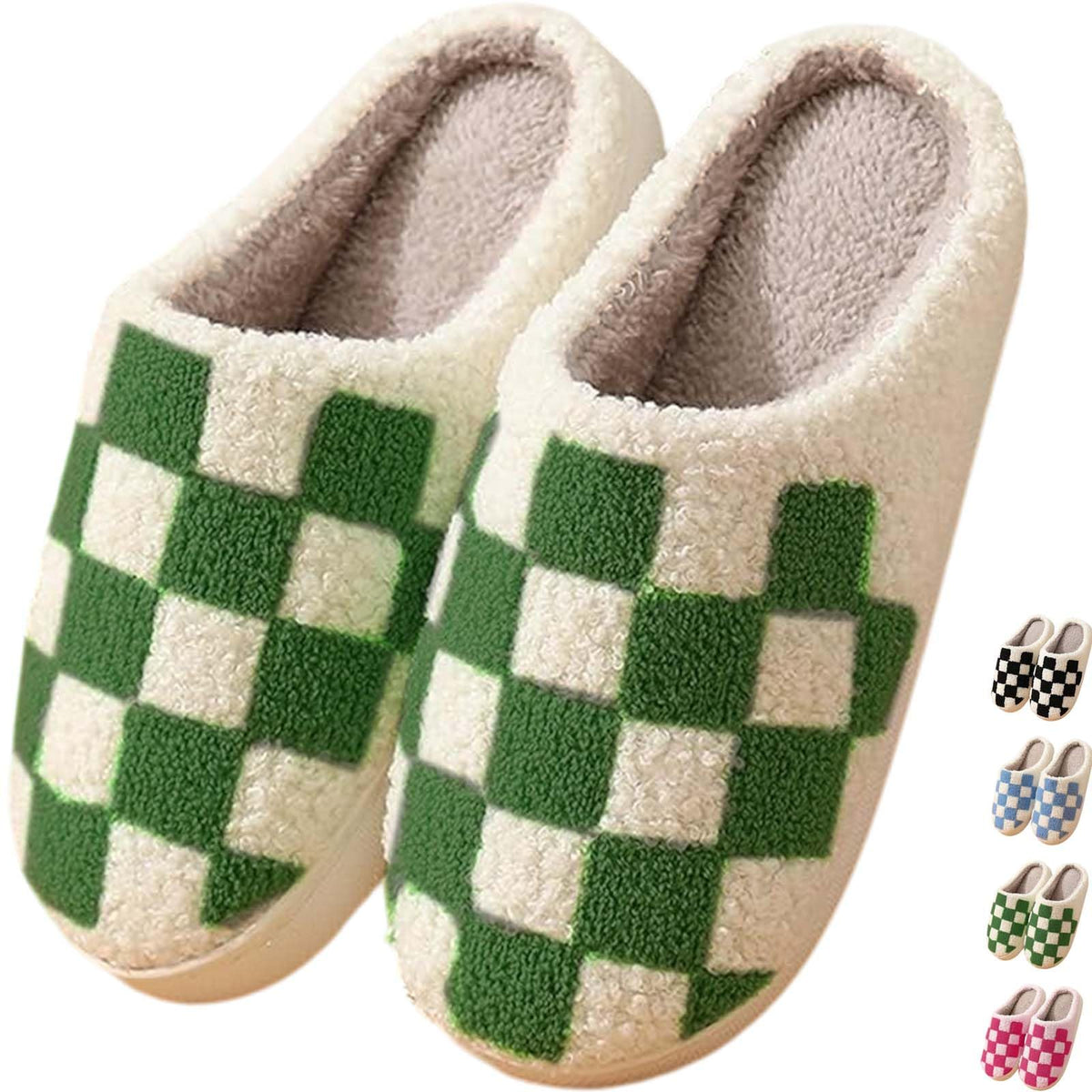 Checkered Slippers for Women and Men - Fuzzy House Slippers with Memory Foam, Comfy Plush Fluffy Indoor House Shoes, Cozy Warm Slip on Bedroom Slippers with Non-Slip Sole