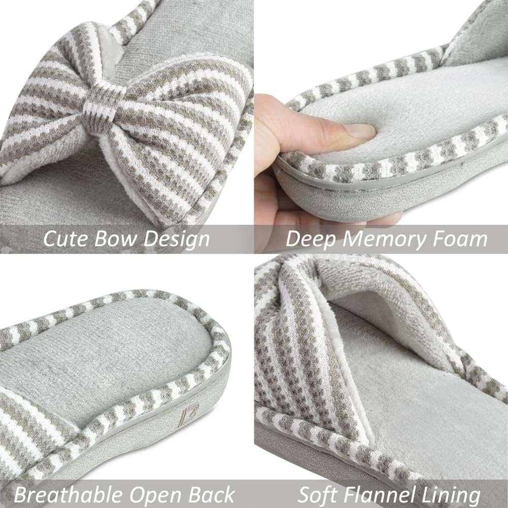 DL Women's Memory Foam Open Toe Slide Slippers with Cute Bow and Cozy Terry Lining, Slip-on House Shoes Spa Mules Sandals with Indoor Outdoor Rubber Sole