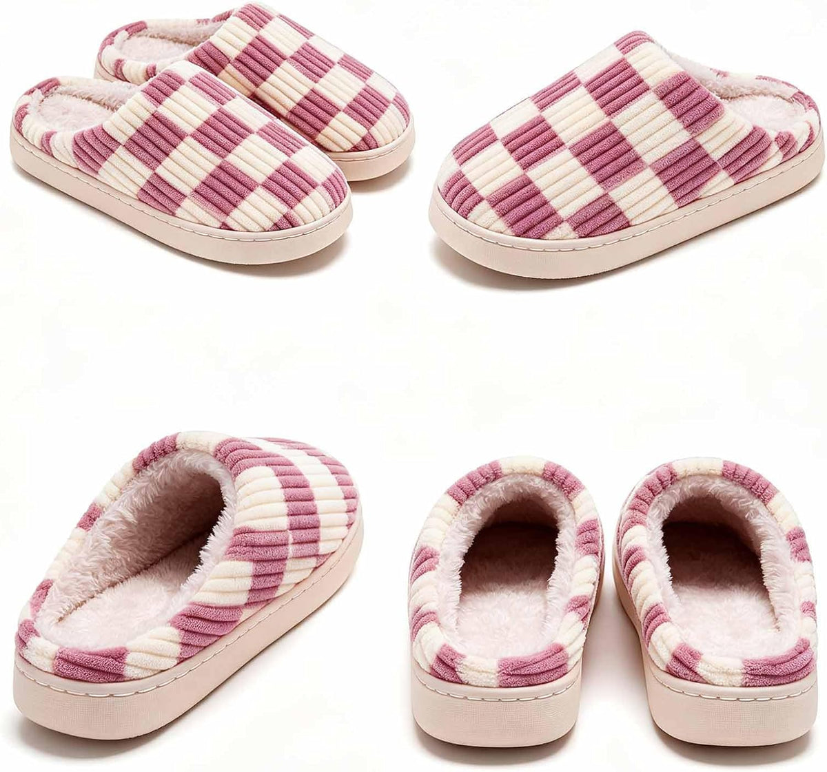 Checkered Slippers for Women and Men - Fuzzy House Slippers with Memory Foam, Comfy Plush Fluffy Indoor House Shoes, Cozy Warm Slip on Bedroom Slippers with Non-Slip Sole