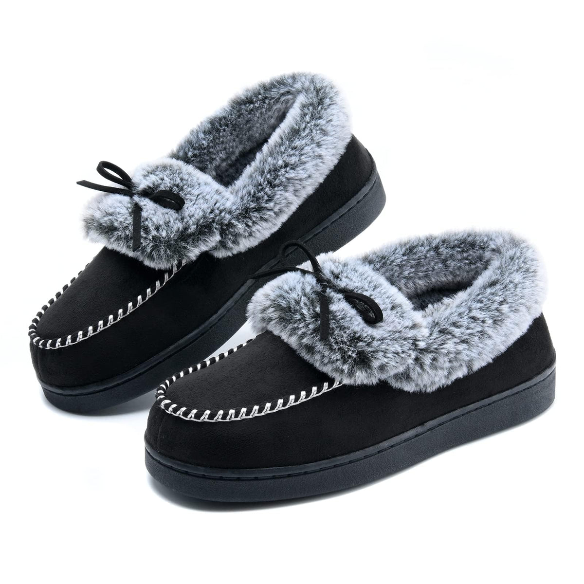 DL Womens Fuzzy Warm Moccasin Slippers Memory Foam, Soft Fluffy Women's Winter House Slipper Closed Back Fur Lined, Cozy Ladies Suede Indoor Bedroom Houseshoes Non-Slip