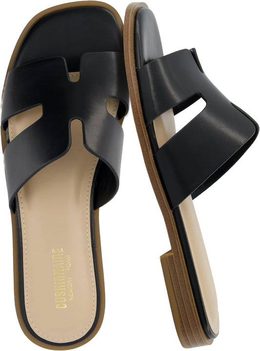 CUSHIONAIRE Voyage Cutout Strap Slides for Women, Slip On Summer Flats, Trendy Footwear, Memory Foam Vegan Leather Comfortable Vacation Style Sandals