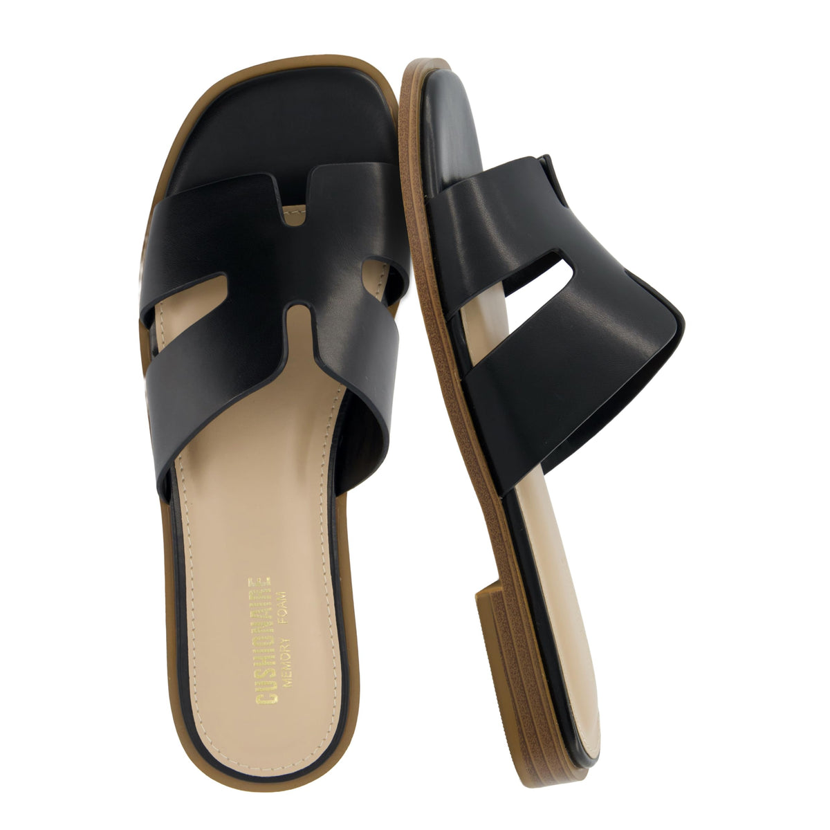 CUSHIONAIRE Voyage Cutout Strap Slides for Women, Slip On Summer Flats, Trendy Footwear, Memory Foam Vegan Leather Comfortable Vacation Style Sandals