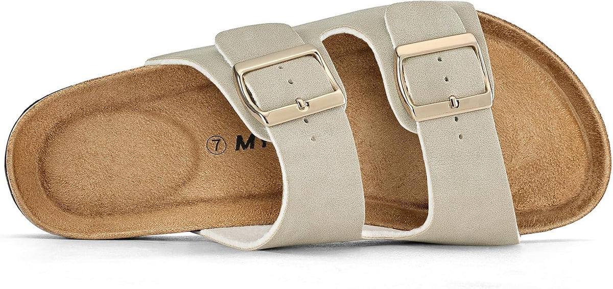 mysoft Womens Flat Sandals Cork Footbed Slides with 2 Straps
