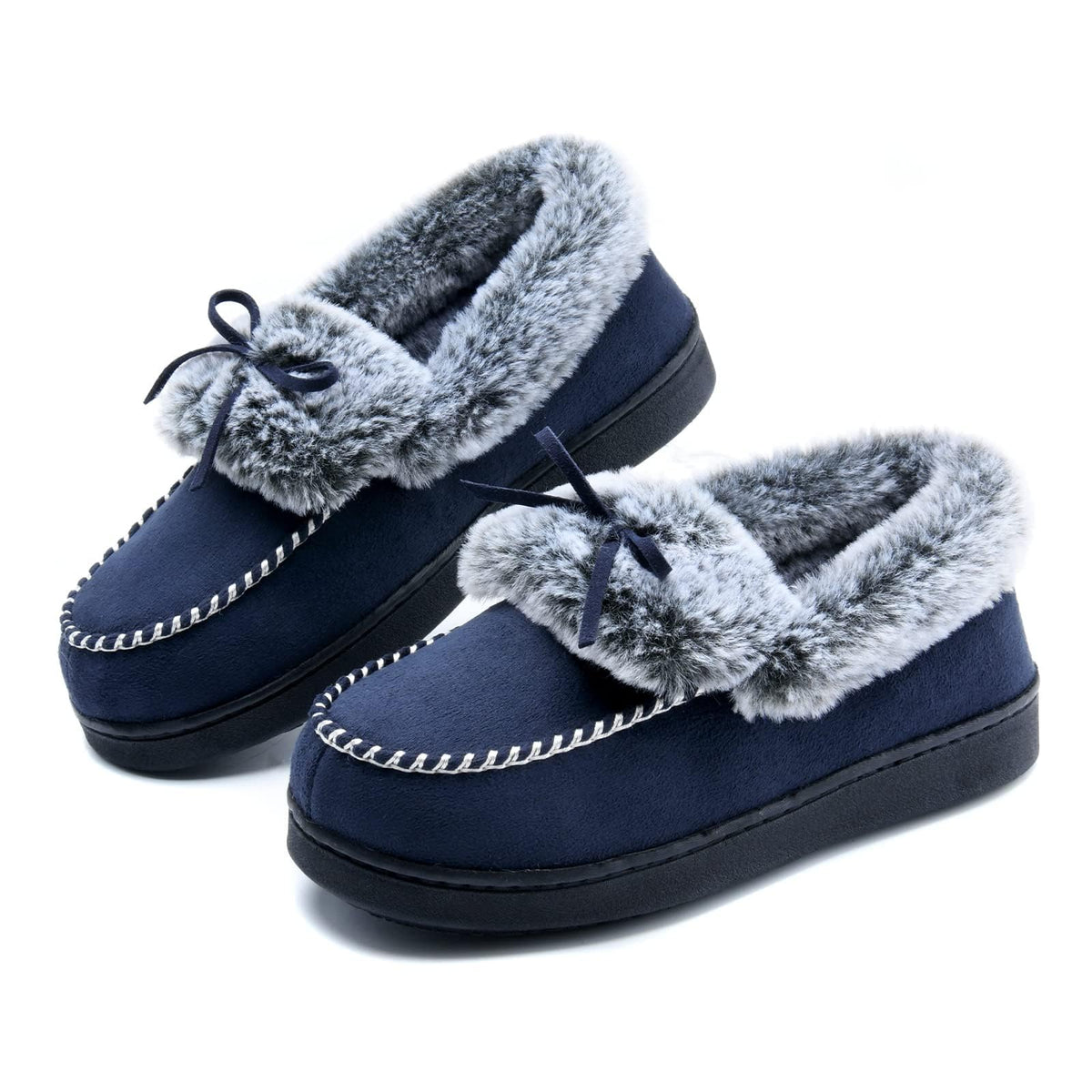 DL Womens Fuzzy Warm Moccasin Slippers Memory Foam, Soft Fluffy Women's Winter House Slipper Closed Back Fur Lined, Cozy Ladies Suede Indoor Bedroom Houseshoes Non-Slip