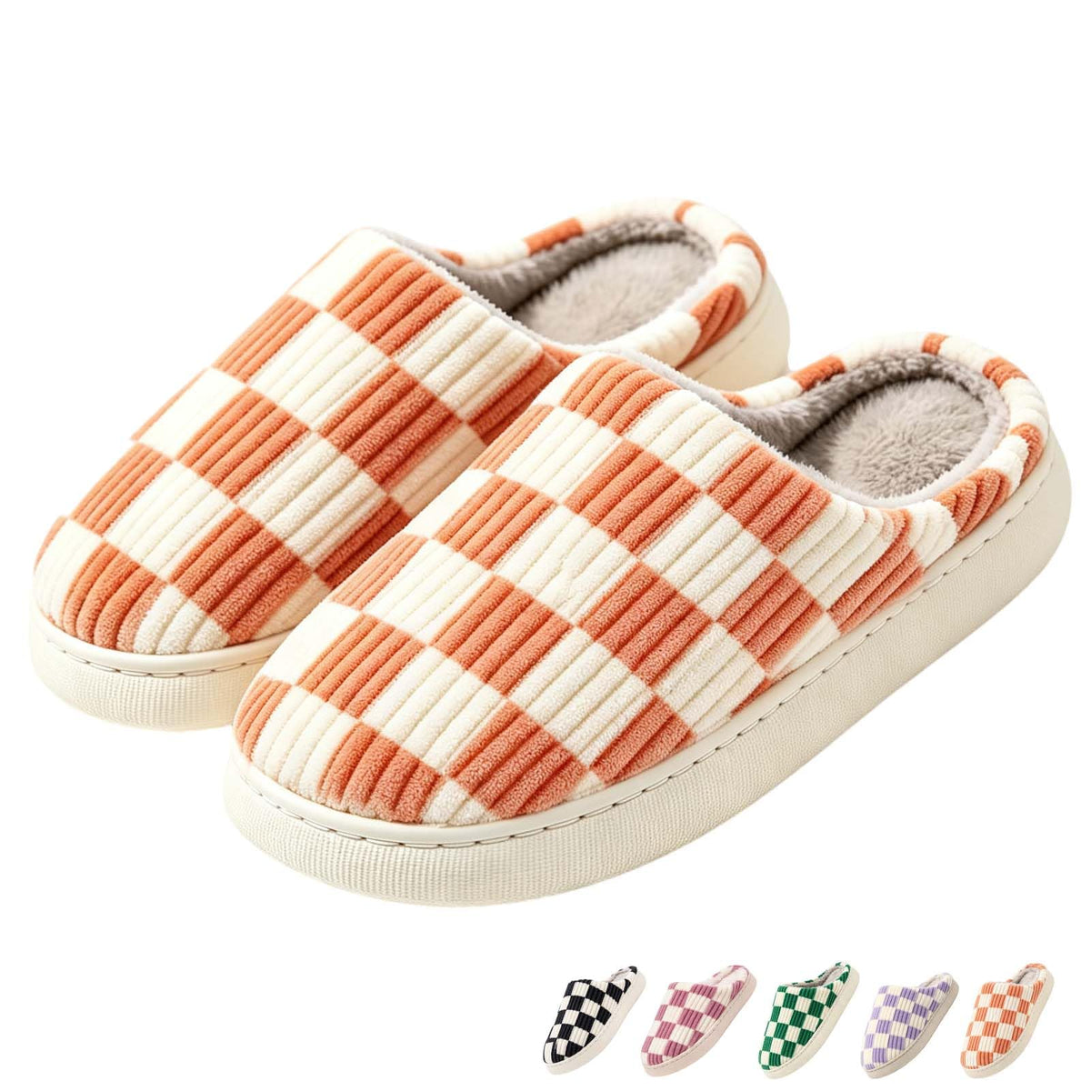 Checkered Slippers for Women and Men - Fuzzy House Slippers with Memory Foam, Comfy Plush Fluffy Indoor House Shoes, Cozy Warm Slip on Bedroom Slippers with Non-Slip Sole