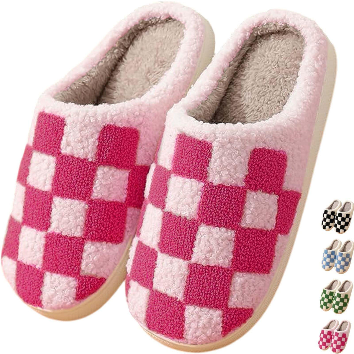 Checkered Slippers for Women and Men - Fuzzy House Slippers with Memory Foam, Comfy Plush Fluffy Indoor House Shoes, Cozy Warm Slip on Bedroom Slippers with Non-Slip Sole