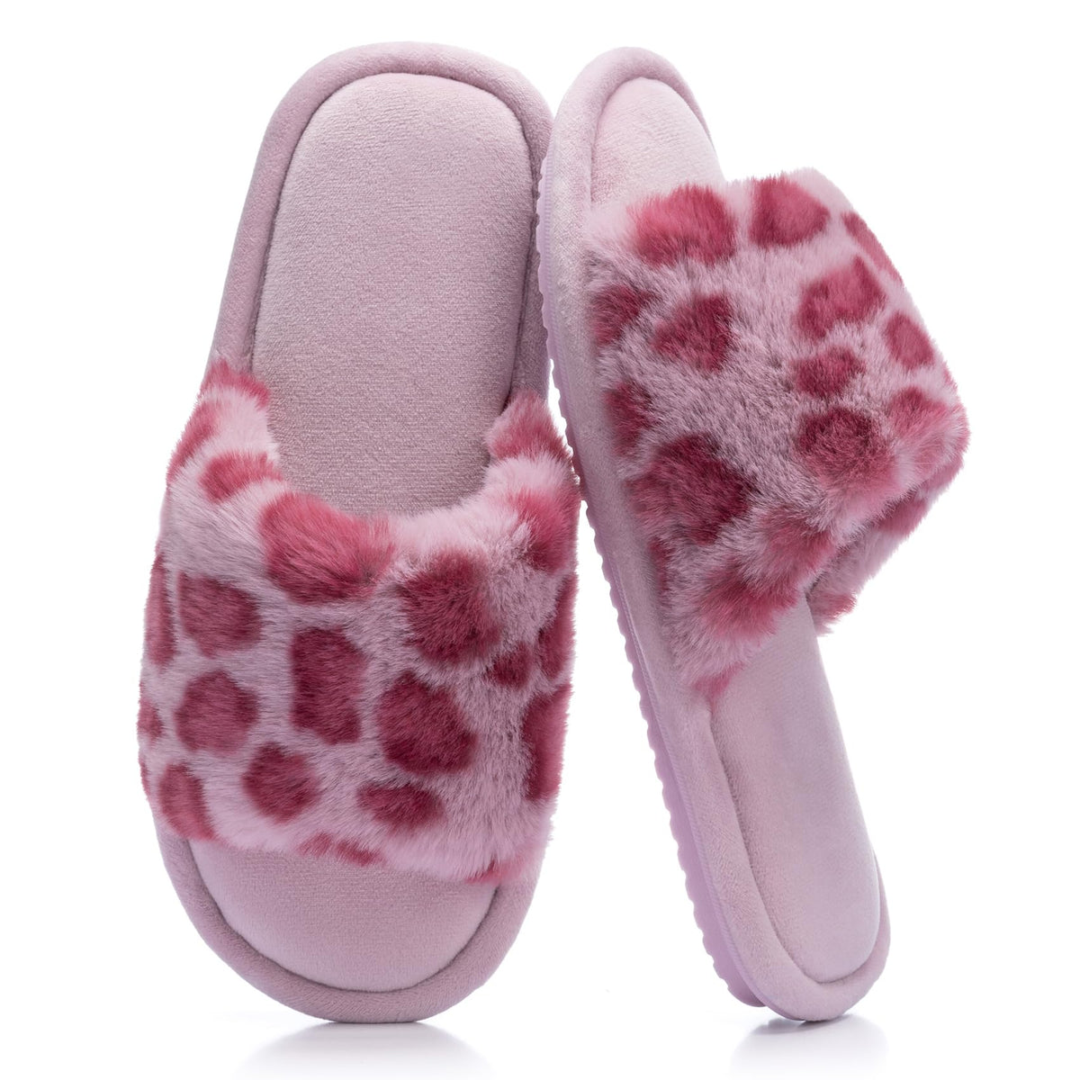 GOEWY Women's Fuzzy Open-Toe House Slippers with Memory Foam -Leopard Print
