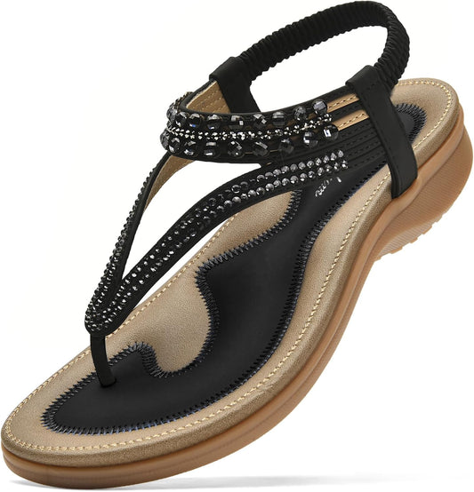 Littleplum Womens Sandals Arch Support Slingback Rhinestone Dressy Sandals Comfort Summer Shoes Ankle Strap Elastic Flats for Beach Walking