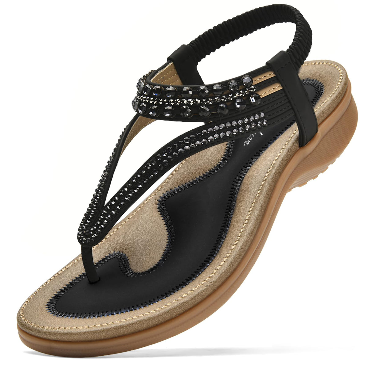 Littleplum Womens Sandals Arch Support Slingback Rhinestone Dressy Sandals Comfort Summer Shoes Ankle Strap Elastic Flats for Beach Walking