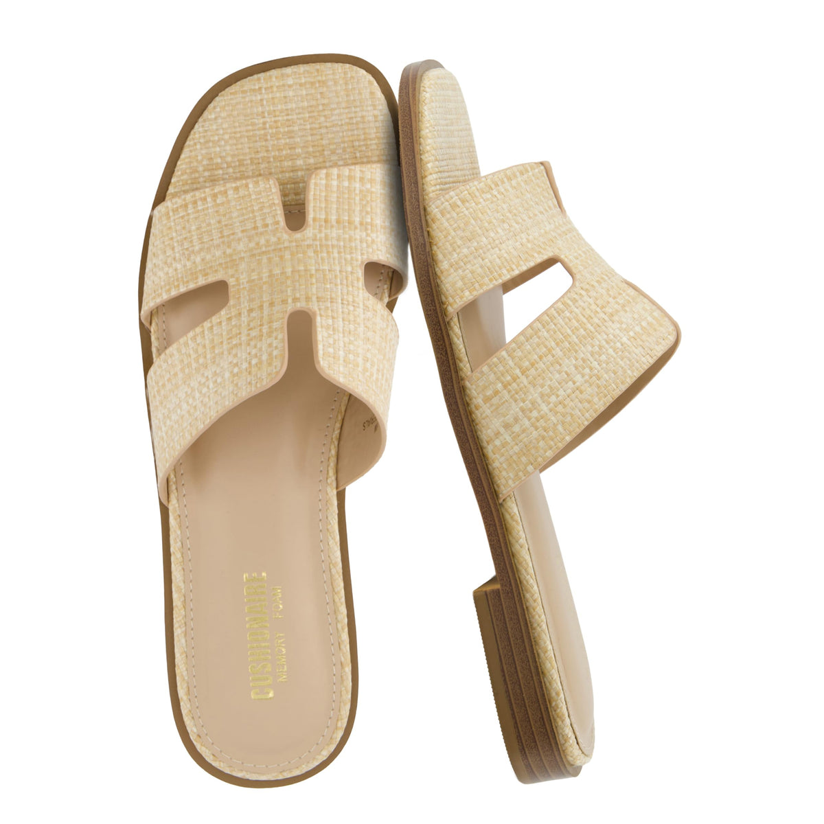 CUSHIONAIRE Voyage Cutout Strap Slides for Women, Slip On Summer Flats, Trendy Footwear, Memory Foam Vegan Leather Comfortable Vacation Style Sandals