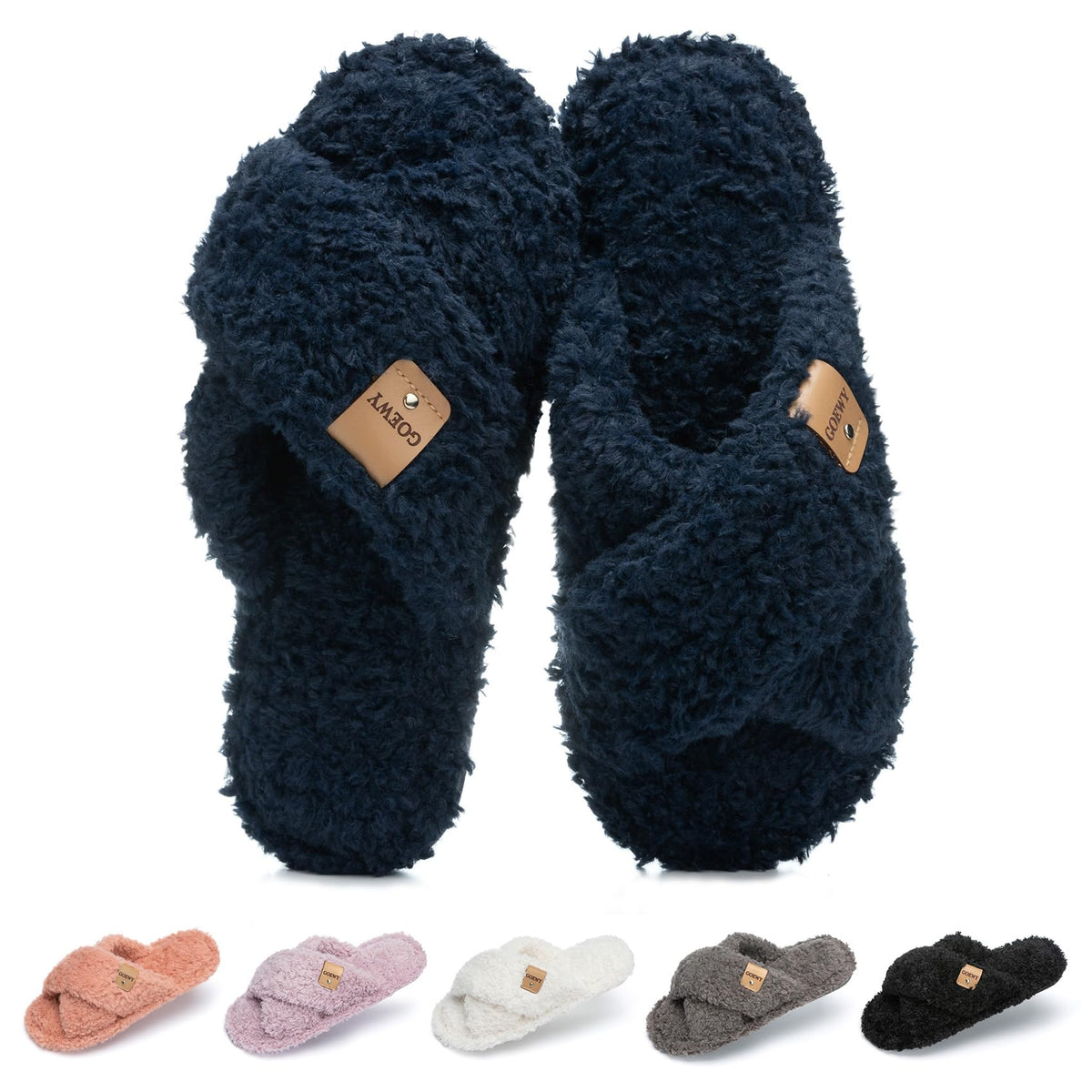 GOEWY Fuzzy Open Toe Slippers for Women Cozy Memory Foam House Shoes Indoor