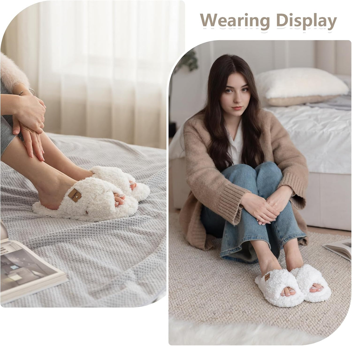 GOEWY Fuzzy Open Toe Slippers for Women Cozy Memory Foam House Shoes Indoor