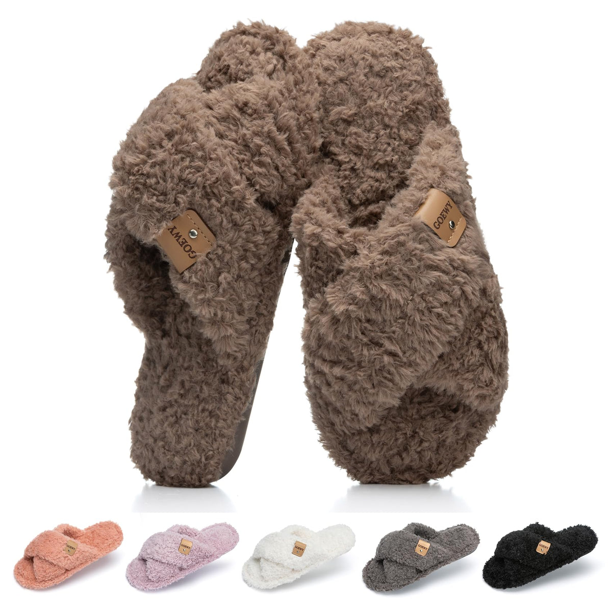 GOEWY Fuzzy Open Toe Slippers for Women Cozy Memory Foam House Shoes Indoor