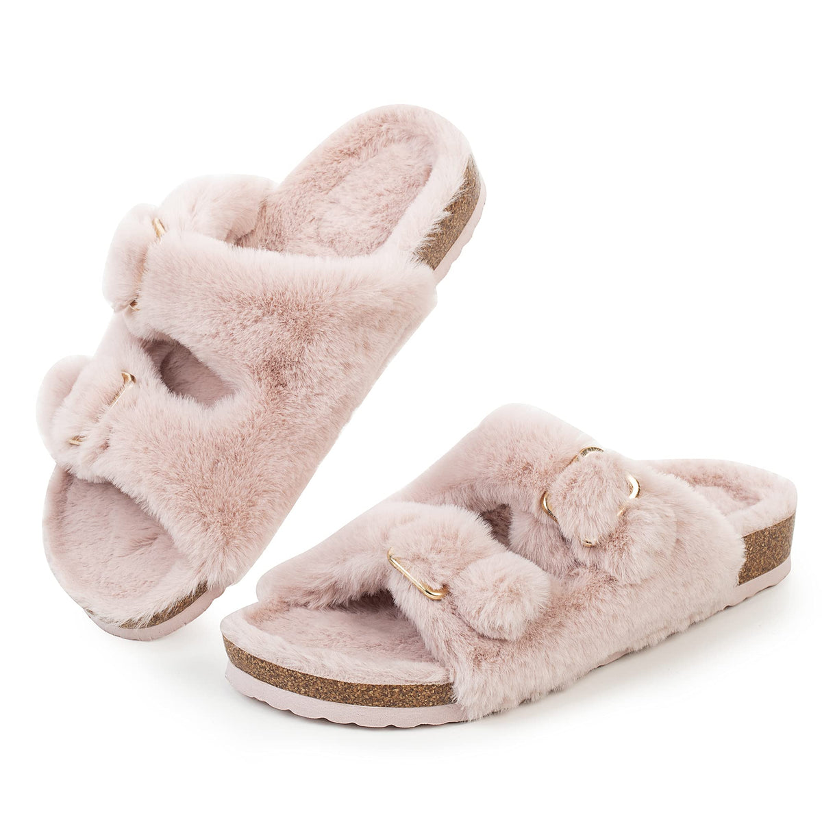 FITORY Womens Open Toe Slippers,Faux Rabbit Fur Cork Slides Sandals
