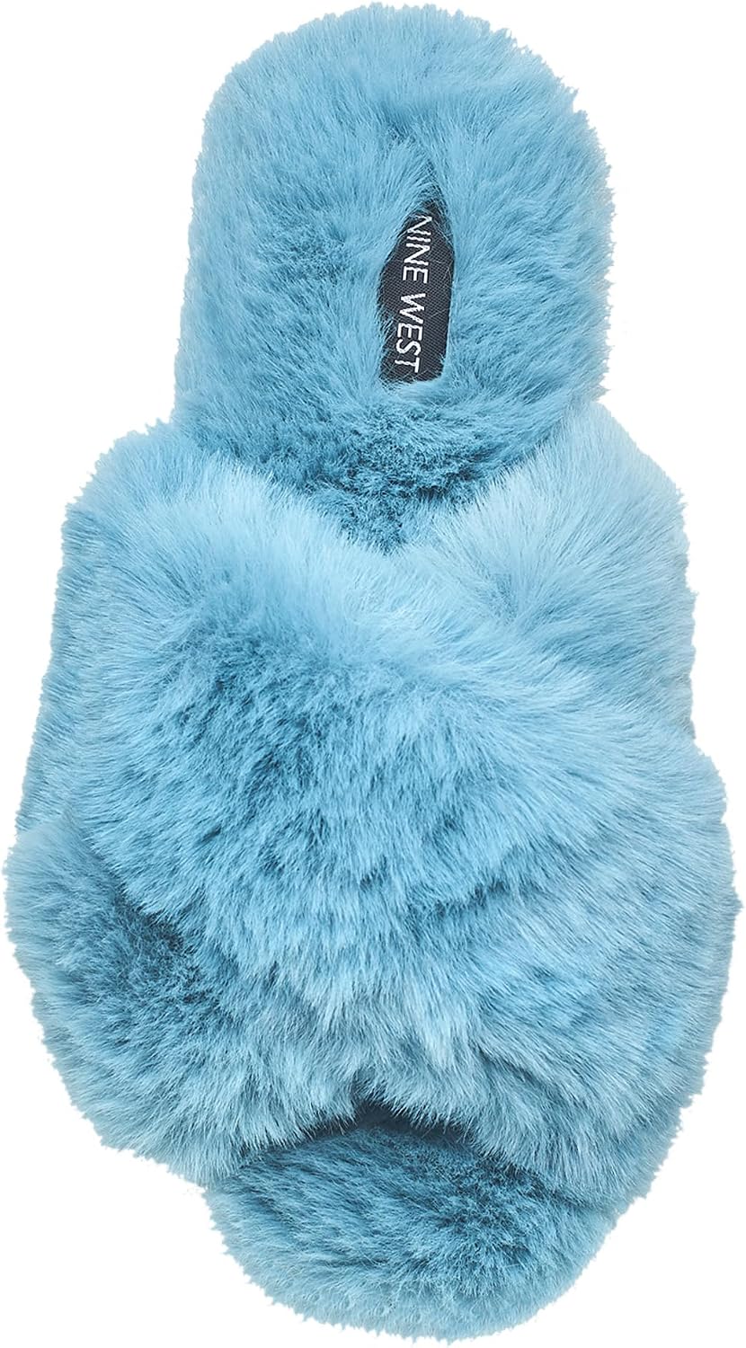 Nine West Women's Fuzzy Crossband Slippers – Soft Plush Open Toe House Slides with Memory Foam Sole