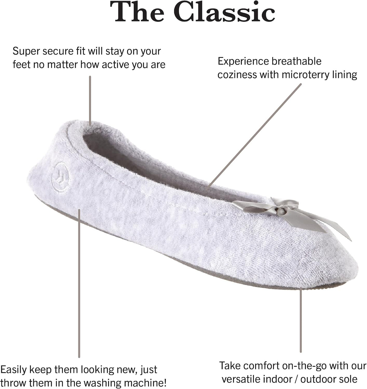 Isotoner Women’s Classic Terry Ballerina Slipper: Soft, Breathable, Terry Lined, Satin Bow, Secure Fit