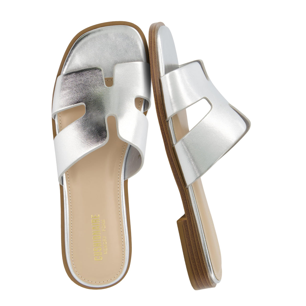 CUSHIONAIRE Voyage Cutout Strap Slides for Women, Slip On Summer Flats, Trendy Footwear, Memory Foam Vegan Leather Comfortable Vacation Style Sandals