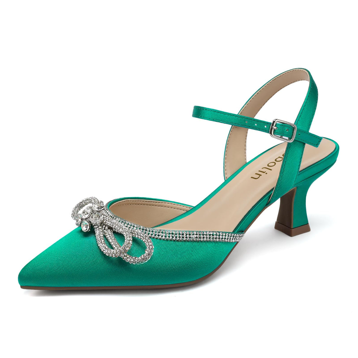 DOBOLIN Wide Width Kitten Heels for Women Rhinestone Bow Pointed Toe Pumps