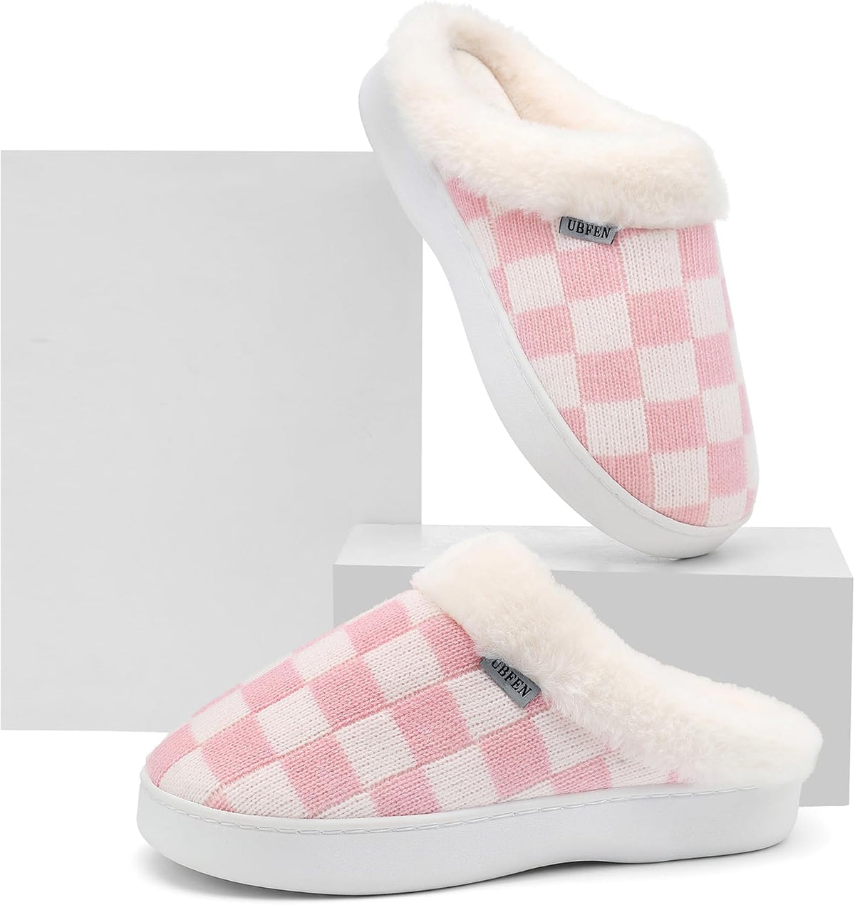 UBFEN Mens Womens Slippers Classic Plaid Winter Warm with Memory Foam Fluffy House Shoes Platform Indoor Bedroom