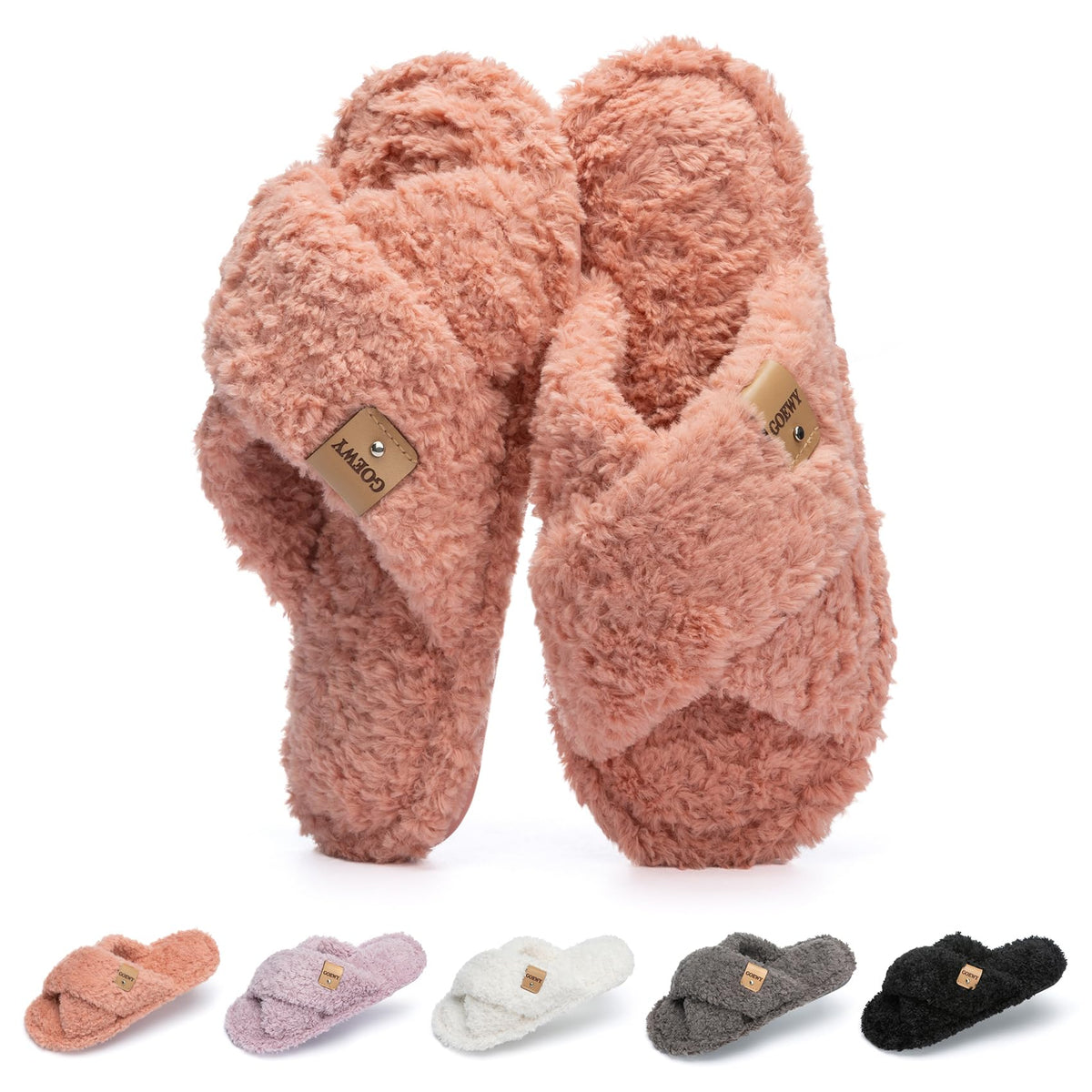 GOEWY Fuzzy Open Toe Slippers for Women Cozy Memory Foam House Shoes Indoor