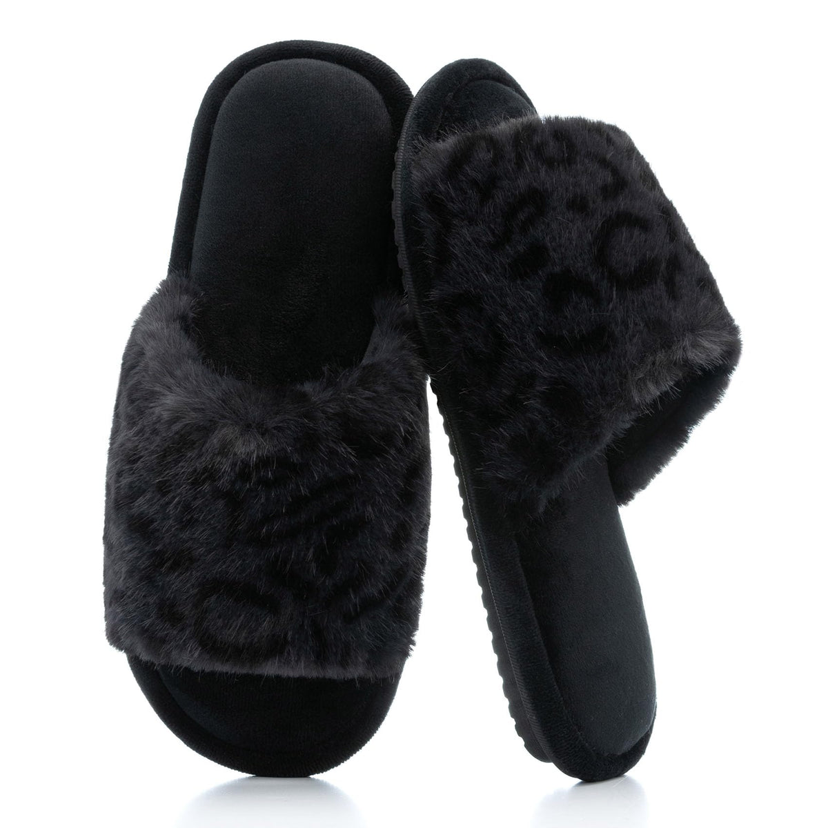 GOEWY Women's Fuzzy Open-Toe House Slippers with Memory Foam -Leopard Print