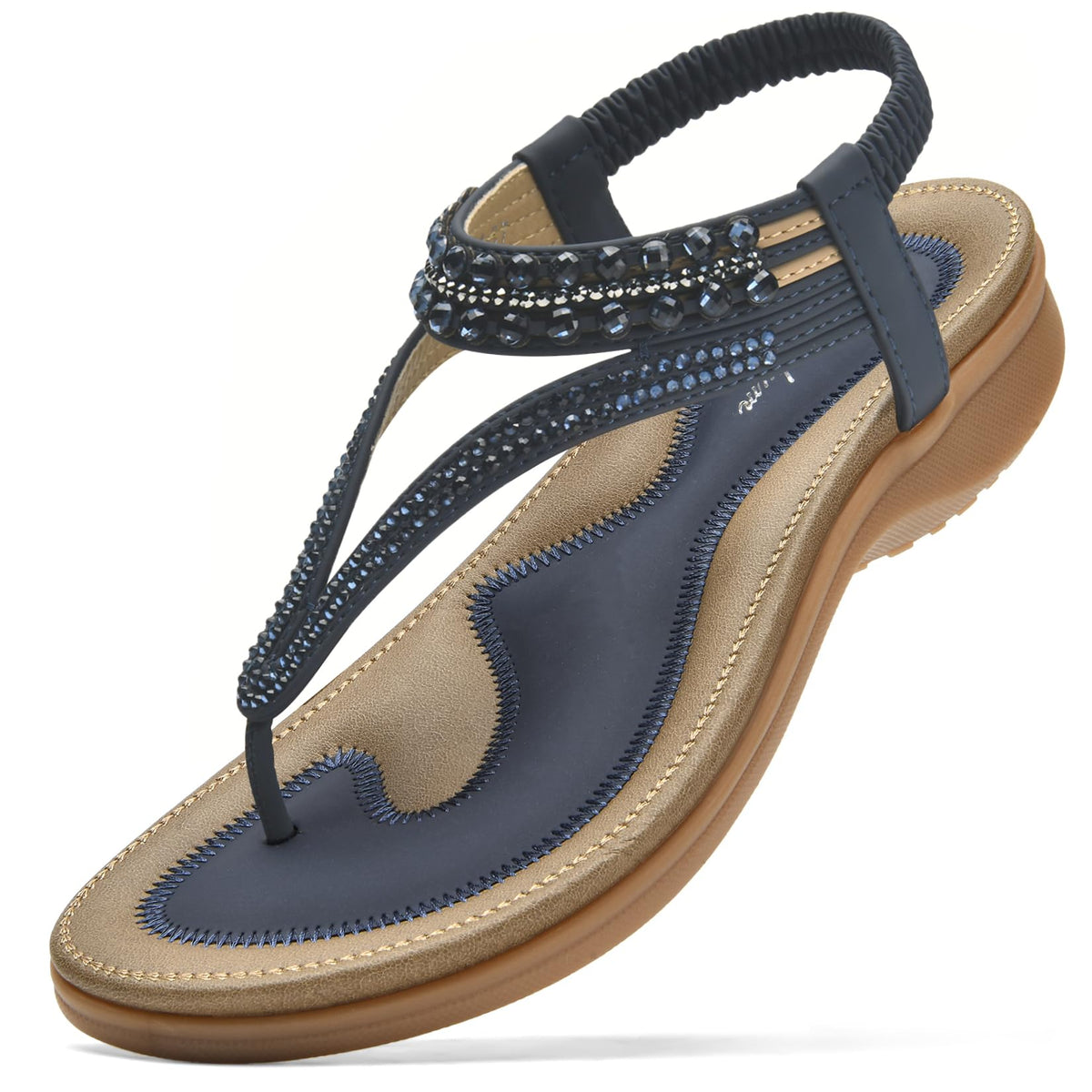 Littleplum Womens Sandals Arch Support Slingback Rhinestone Dressy Sandals Comfort Summer Shoes Ankle Strap Elastic Flats for Beach Walking