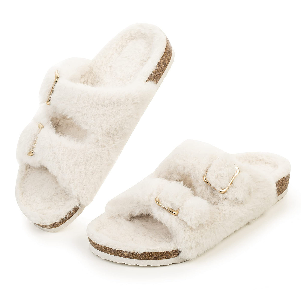 FITORY Womens Open Toe Slippers,Faux Rabbit Fur Cork Slides Sandals