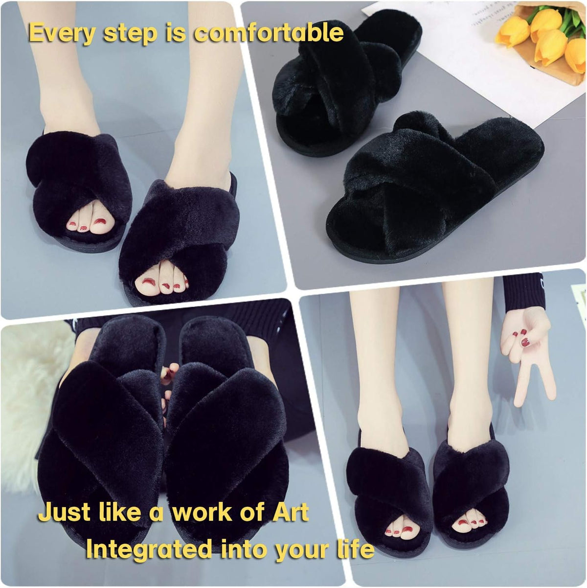 LZLER Women’s Cross Band Slippers, Soft Plush Fleece Lightweight Non Slip Open Toe Flip Flop Shoes House Indoor Outdoor Fur Fuzzy Slippers