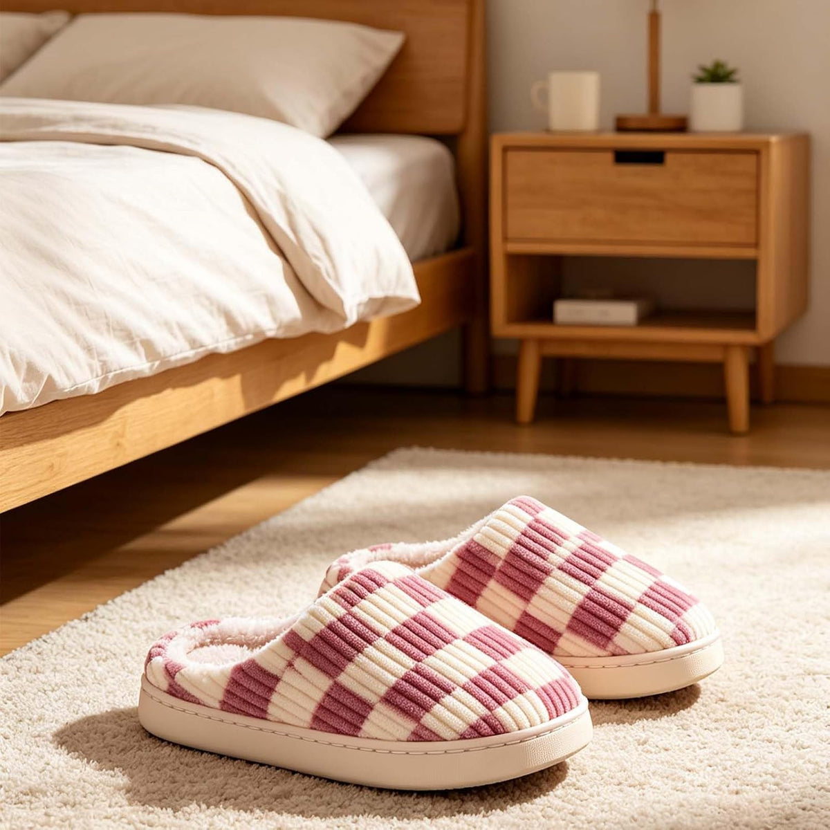 Checkered Slippers for Women and Men - Fuzzy House Slippers with Memory Foam, Comfy Plush Fluffy Indoor House Shoes, Cozy Warm Slip on Bedroom Slippers with Non-Slip Sole