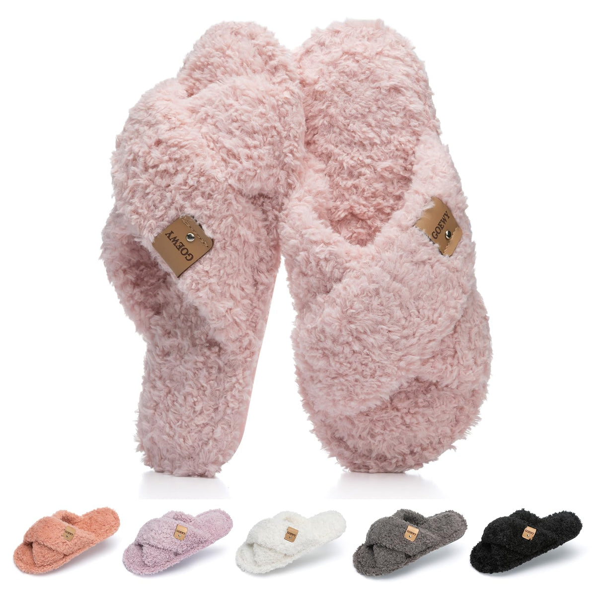 GOEWY Fuzzy Open Toe Slippers for Women Cozy Memory Foam House Shoes Indoor