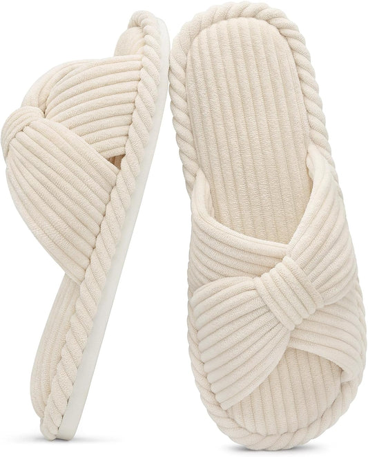 Evshine Summer House Slippers for Women Corduroy Open Toe Indoor Slippers