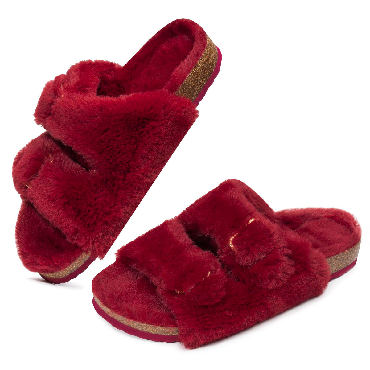FITORY Womens Open Toe Slippers,Faux Rabbit Fur Cork Slides Sandals