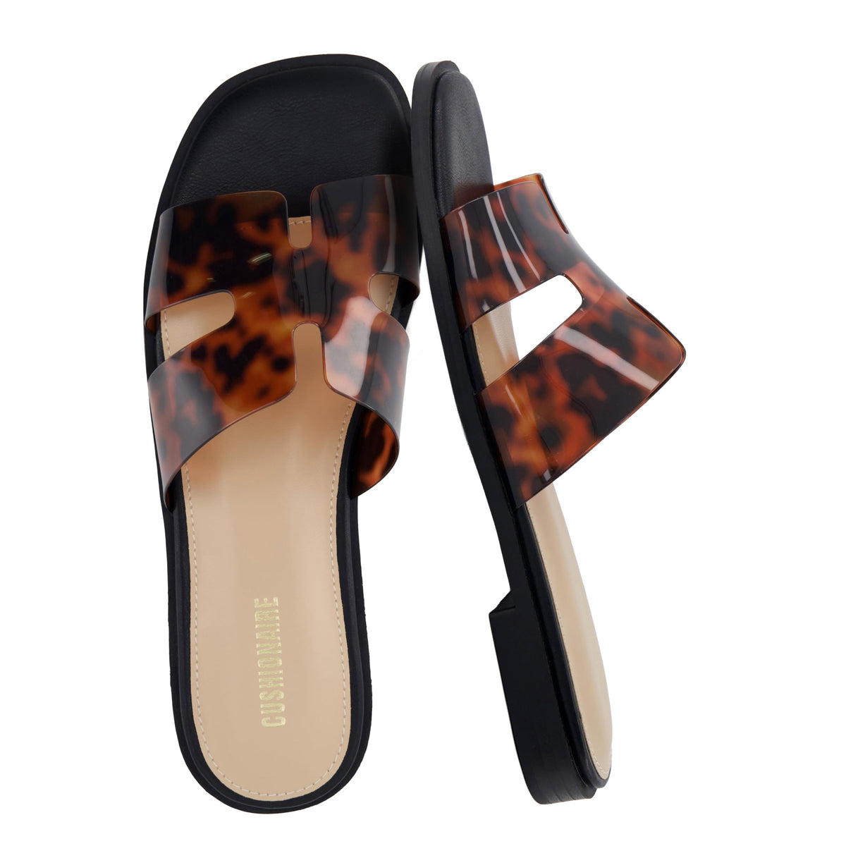 CUSHIONAIRE Voyage Cutout Strap Slides for Women, Slip On Summer Flats, Trendy Footwear, Memory Foam Vegan Leather Comfortable Vacation Style Sandals