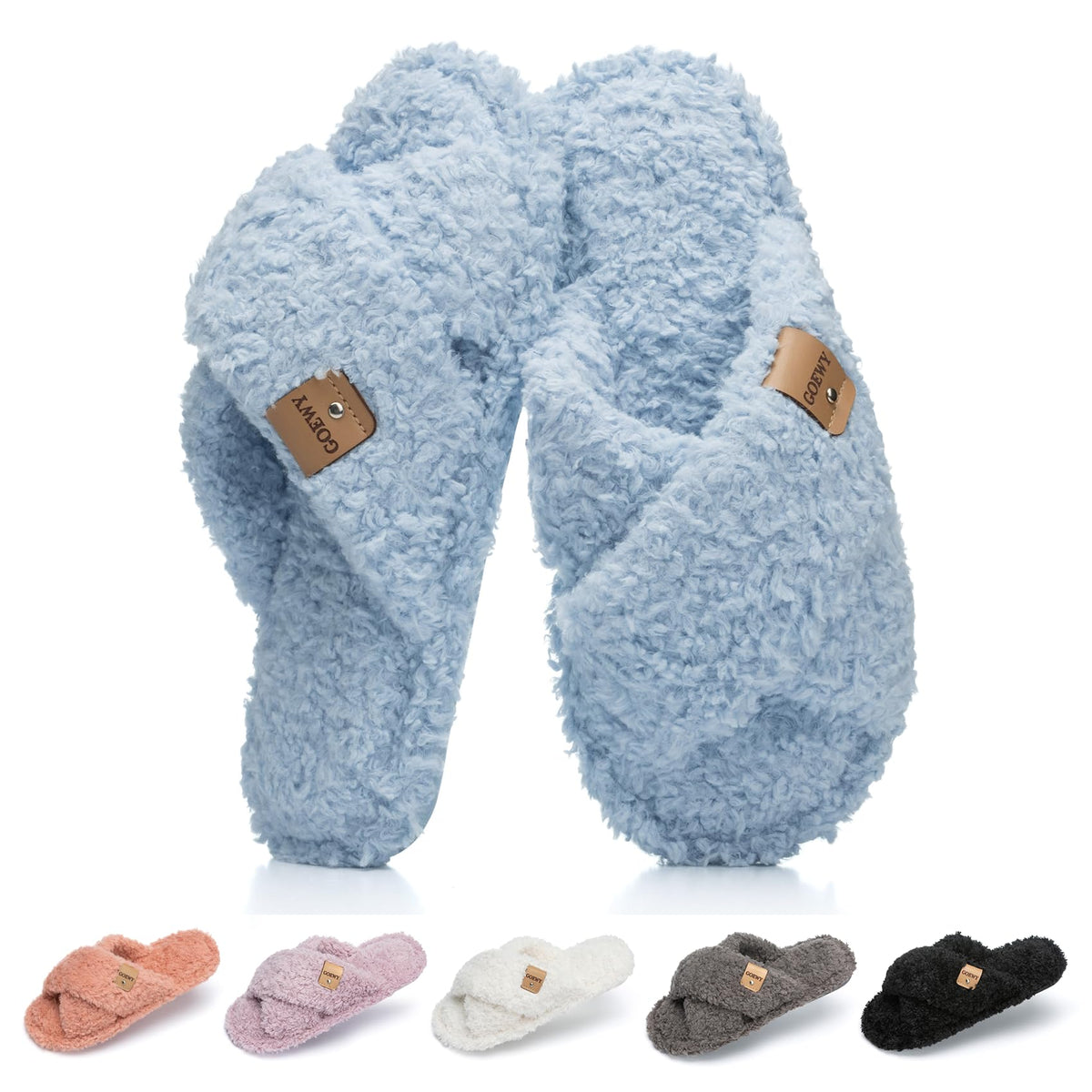 GOEWY Fuzzy Open Toe Slippers for Women Cozy Memory Foam House Shoes Indoor