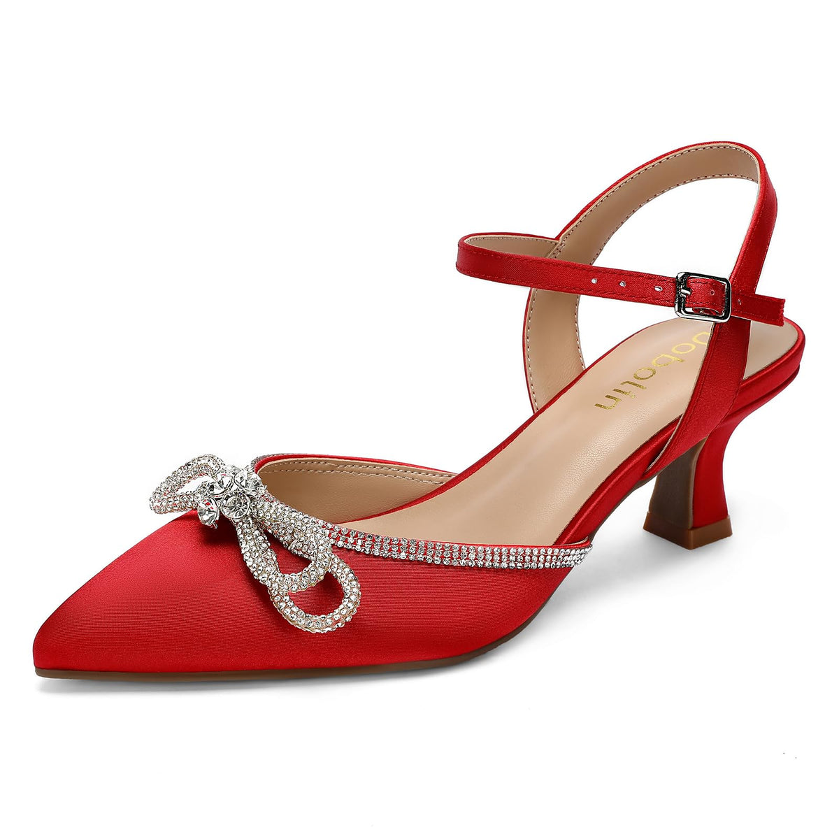 DOBOLIN Wide Width Kitten Heels for Women Rhinestone Bow Pointed Toe Pumps