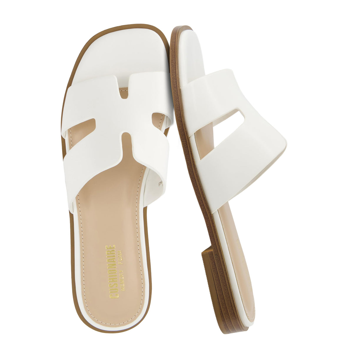 CUSHIONAIRE Voyage Cutout Strap Slides for Women, Slip On Summer Flats, Trendy Footwear, Memory Foam Vegan Leather Comfortable Vacation Style Sandals