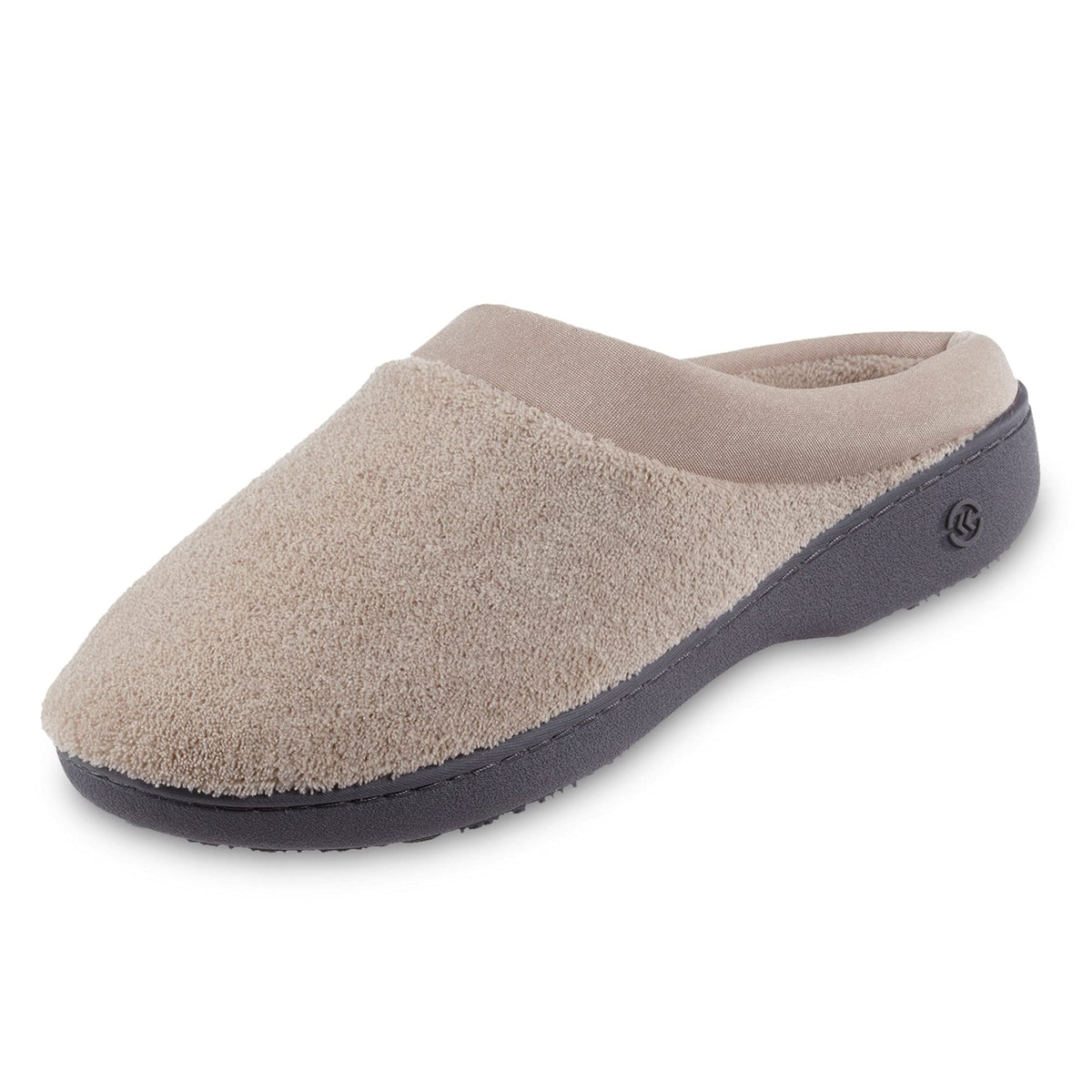 isotoner womens Terry and Satin Slip on Cushioned Slipper With Memory Foam for Indoor/Outdoor Comfort