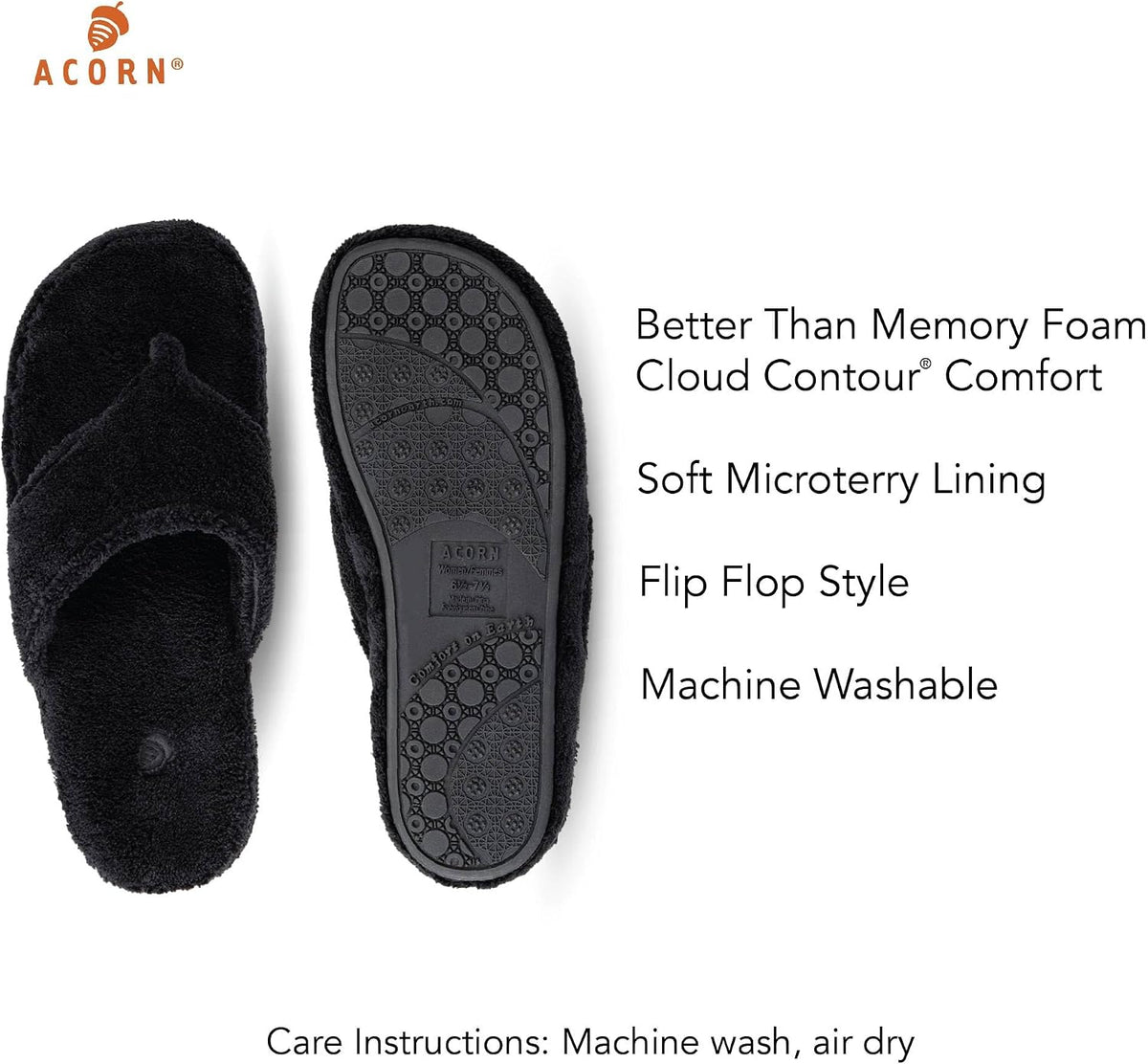 Acorn Women's Spa Thong Slippers with Cloud Contour Comfort - Arch Support and Plush Fluffy Terry Lining, Perfect for Beach, Camping, Poolside, or Bathroom Wear