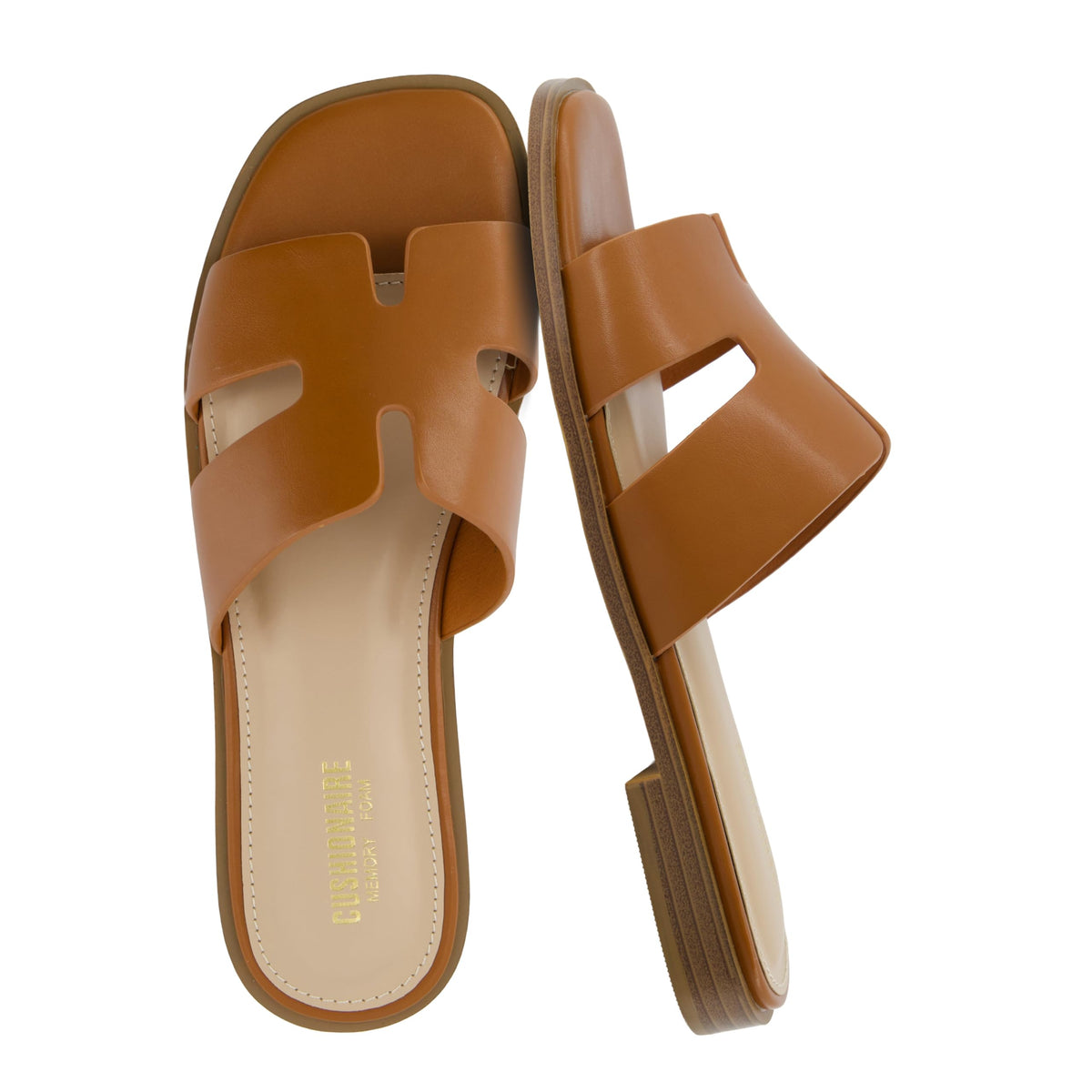 CUSHIONAIRE Voyage Cutout Strap Slides for Women, Slip On Summer Flats, Trendy Footwear, Memory Foam Vegan Leather Comfortable Vacation Style Sandals