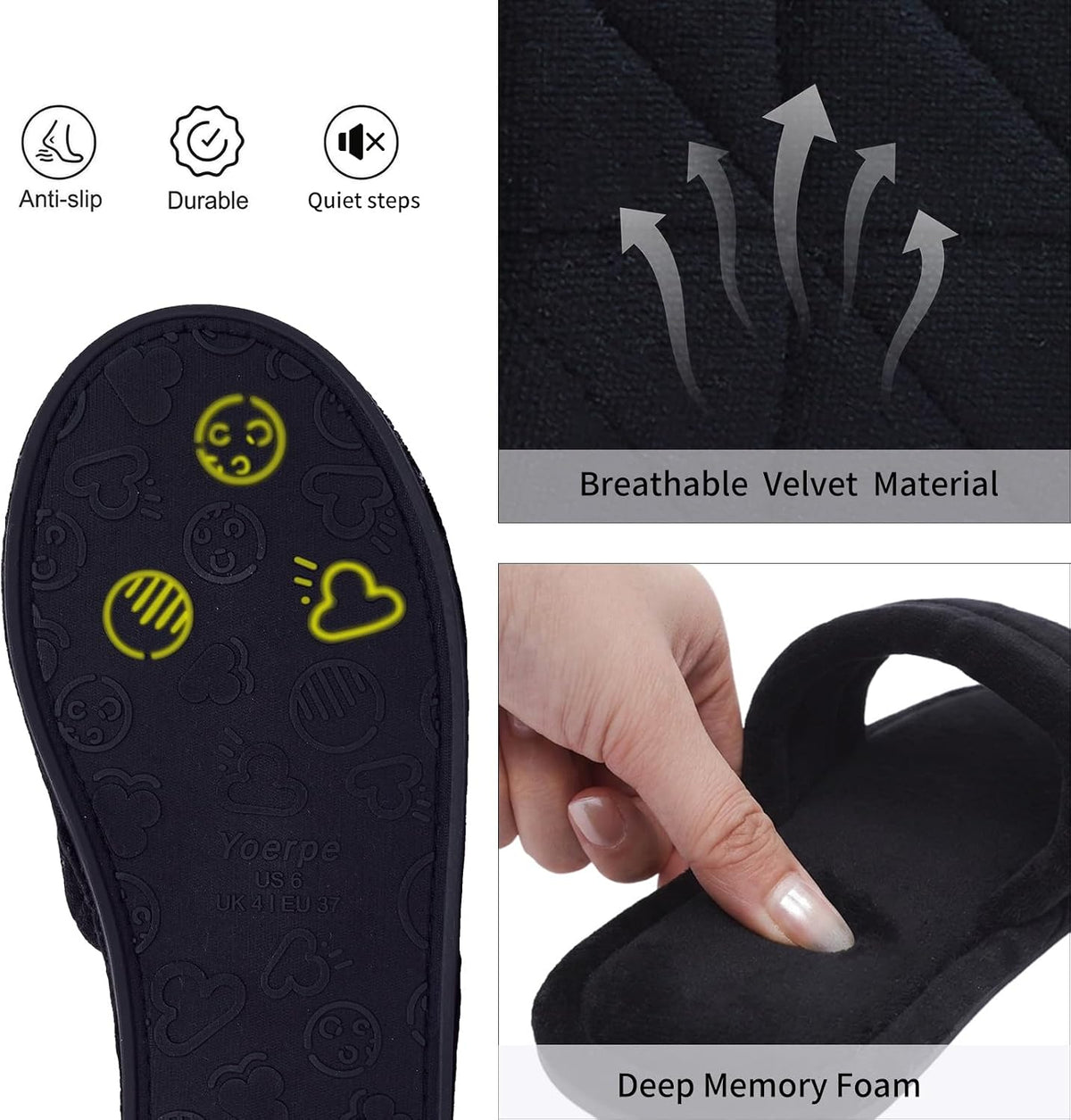 Women's Open Toe House Slippers Soft Velvet Portable Memory Foam GRS