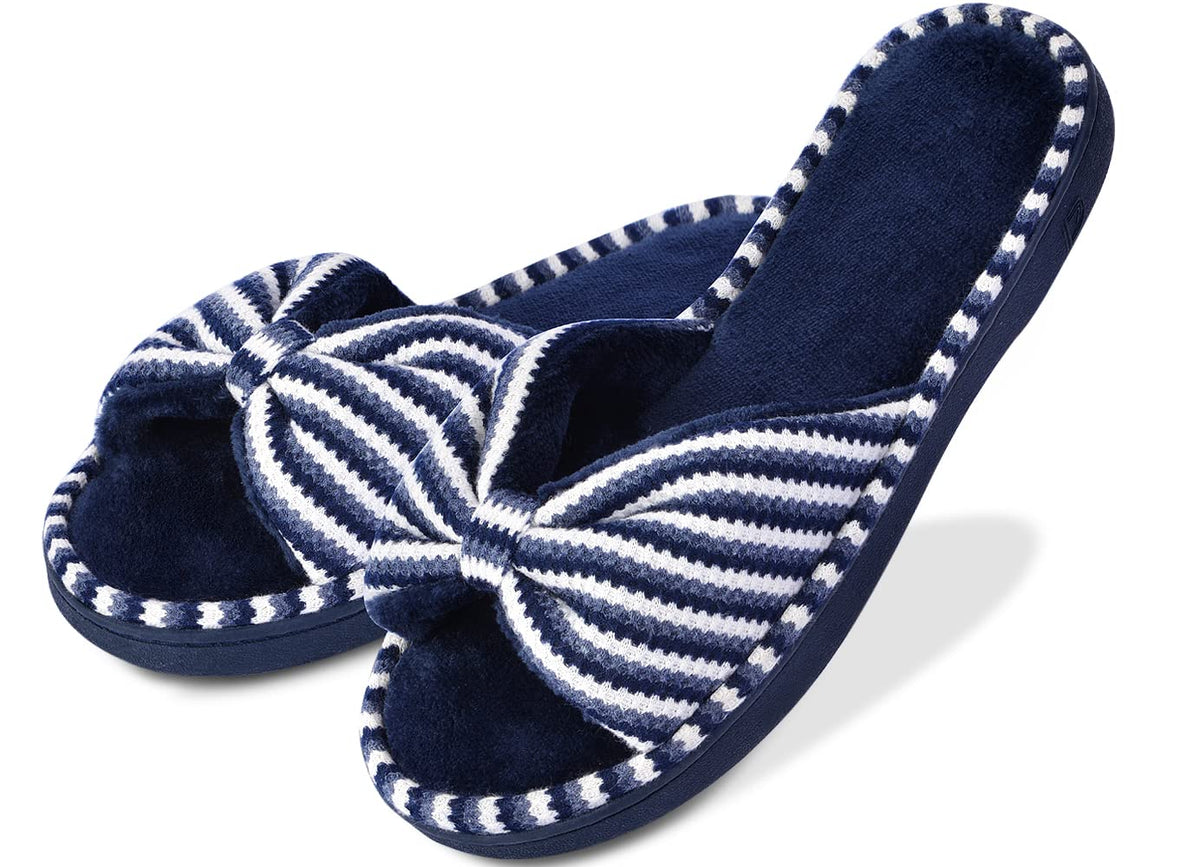 DL Women's Memory Foam Open Toe Slide Slippers with Cute Bow and Cozy Terry Lining, Slip-on House Shoes Spa Mules Sandals with Indoor Outdoor Rubber Sole