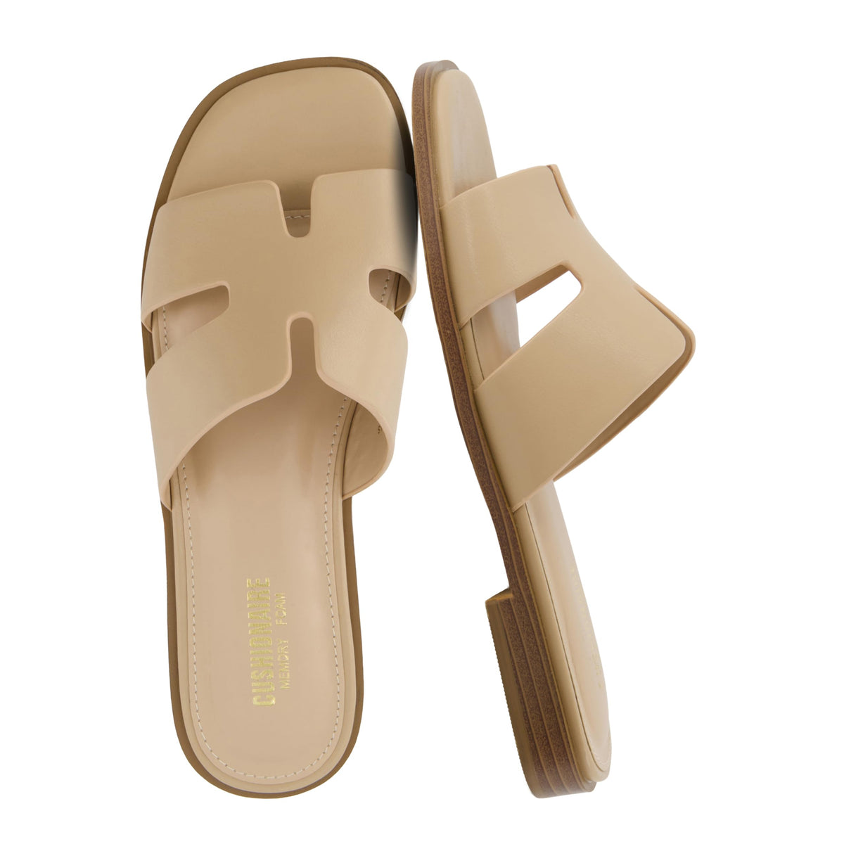 CUSHIONAIRE Voyage Cutout Strap Slides for Women, Slip On Summer Flats, Trendy Footwear, Memory Foam Vegan Leather Comfortable Vacation Style Sandals