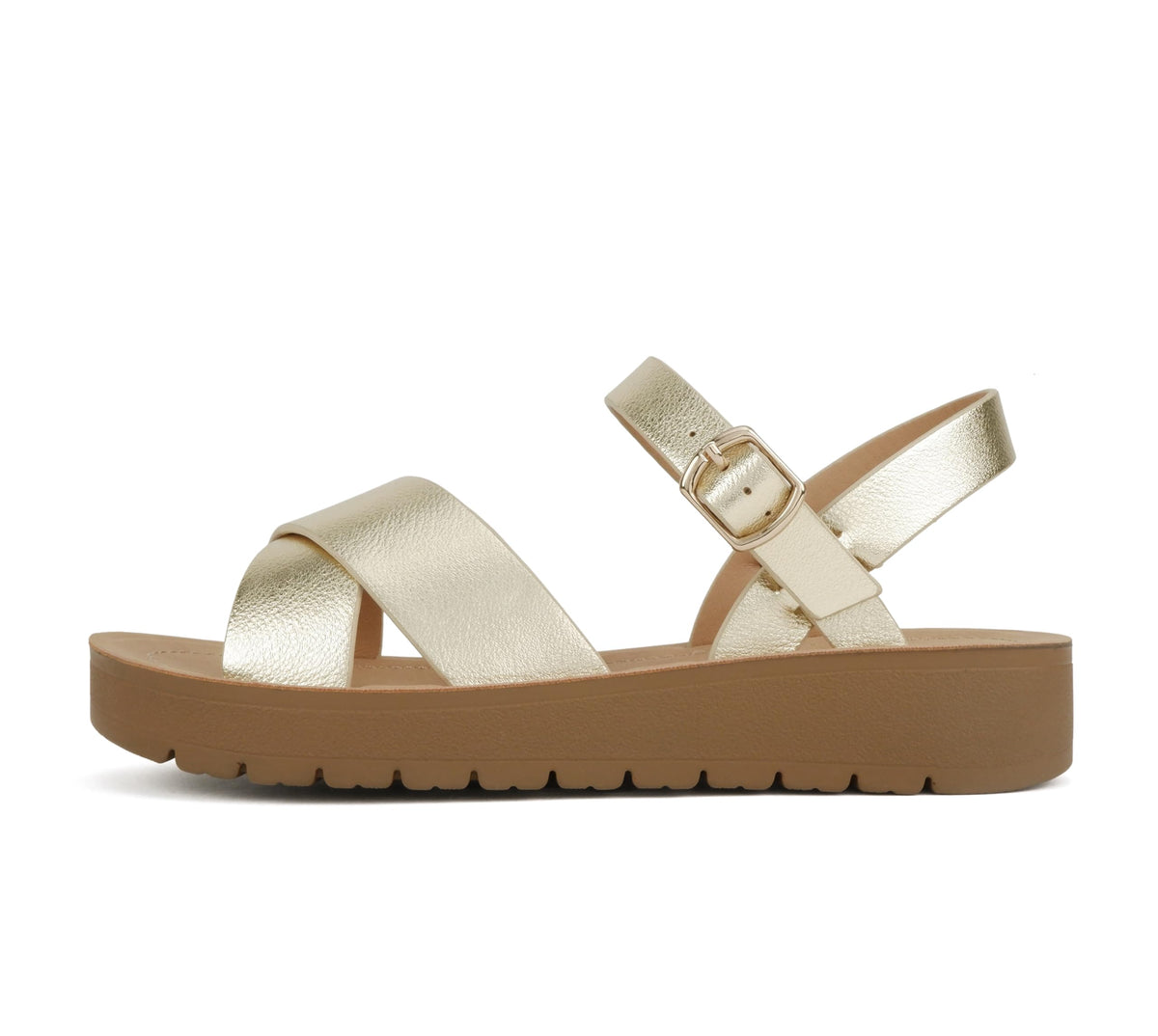 Soda CHESTER ~ Women Flat Sandals Flatform Ankle Buckle Criss Cross Band Straps Sandals Shoes (Gold Raffia, 5.5)