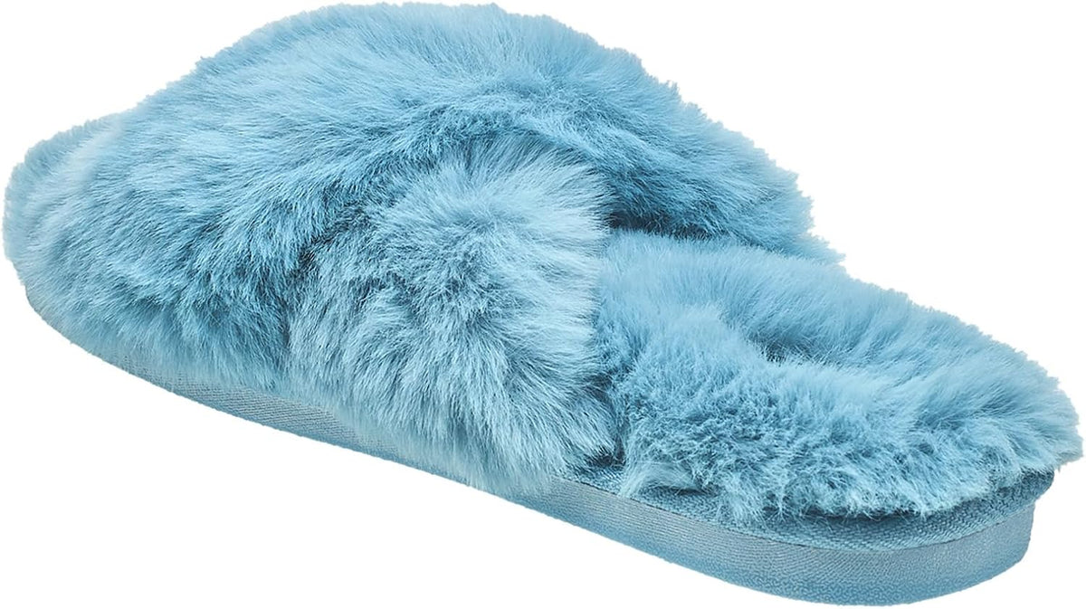 Nine West Women's Fuzzy Crossband Slippers – Soft Plush Open Toe House Slides with Memory Foam Sole
