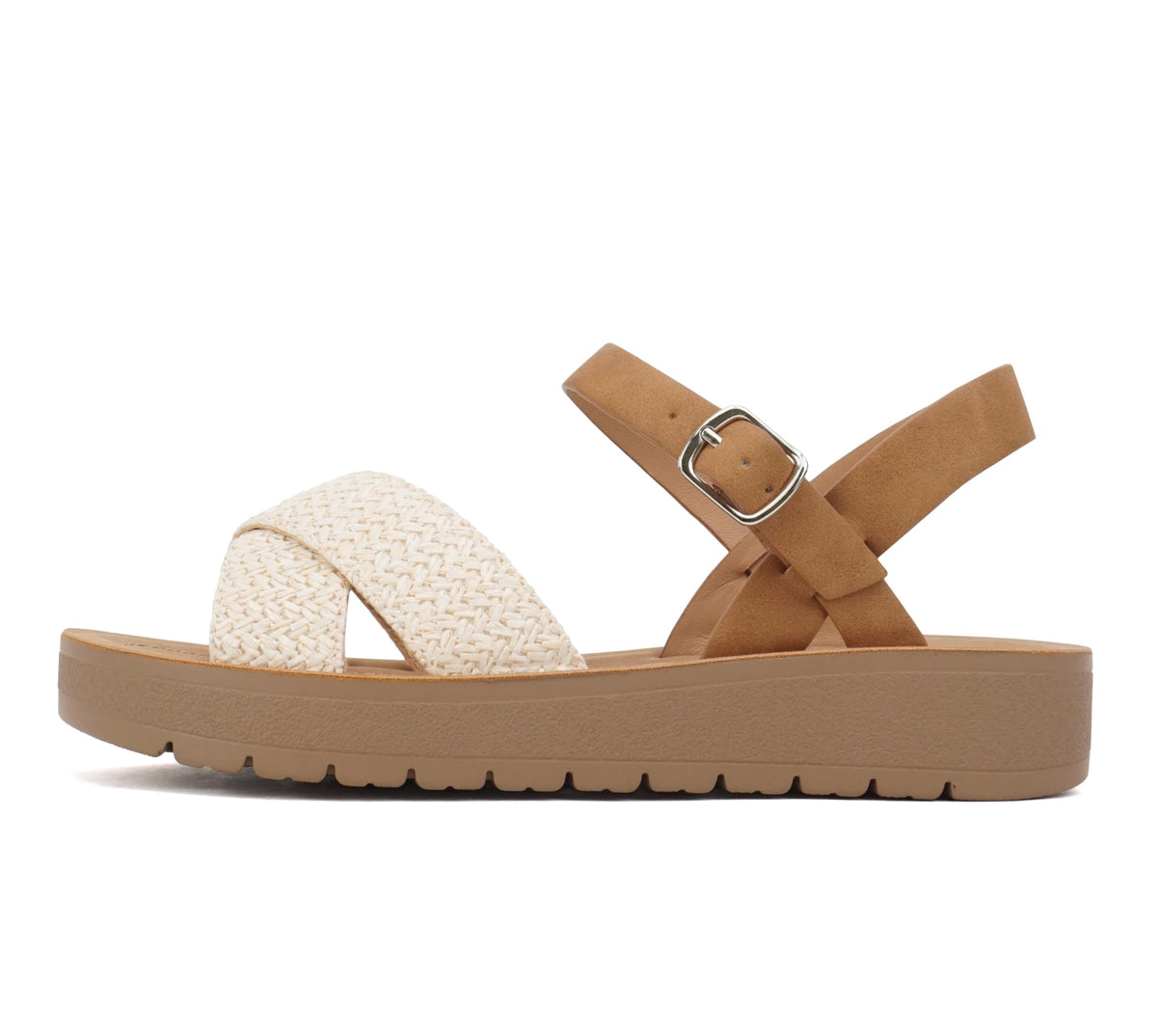Soda CHESTER ~ Women Flat Sandals Flatform Ankle Buckle Criss Cross Band Straps Sandals Shoes (Gold Raffia, 5.5)